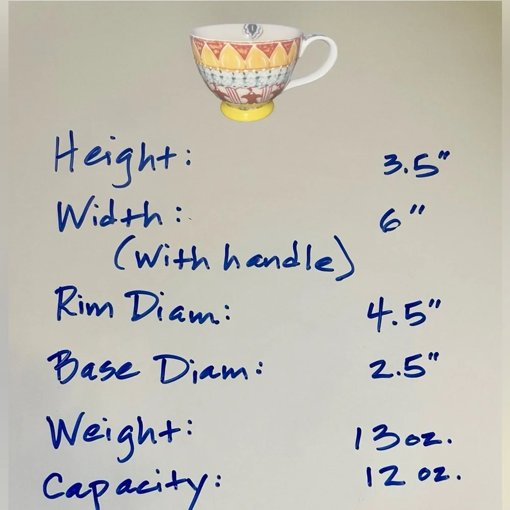 Bohemian 12 oz Coffee Tea Cup Footed BOHO Yellow Green White Blue NWOT MINT